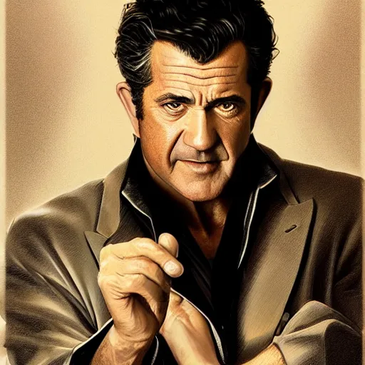 Image similar to portrait of Mel Gibson as Tony Montana, elegant, intricate, headshot, highly detailed, digital painting, artstation, concept art, sharp focus, illustration, art by artgerm and greg rutkowski and alphonse mucha