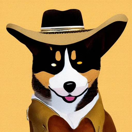 Prompt: cat in a cowboy hat riding a corgi, wild west, sunset