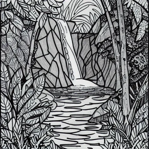 Image similar to an adult coloring page of a waterfall in the enchanted forest