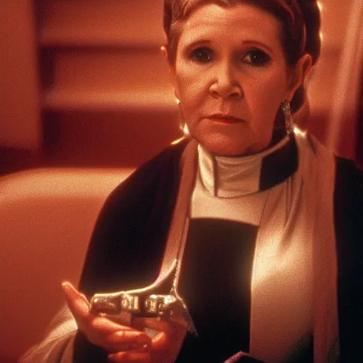 Image similar to a full color still of Carrie Fisher as Leia Organa as a regal Senator in the Galactic Senate, cinematic lighting, 1999, directed by Steven Spielberg, 35mm