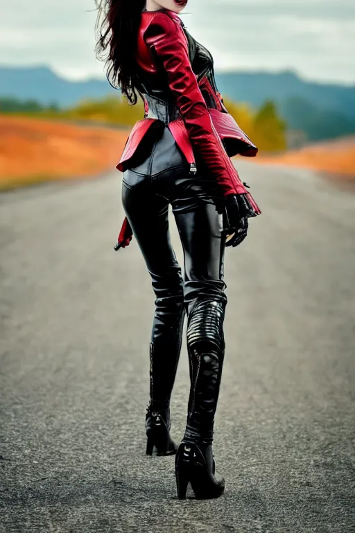 Image similar to full - length photo, young woman, riding a motorcycle, gothic clothes, red high heels, leather jacket, 4 k, colourful