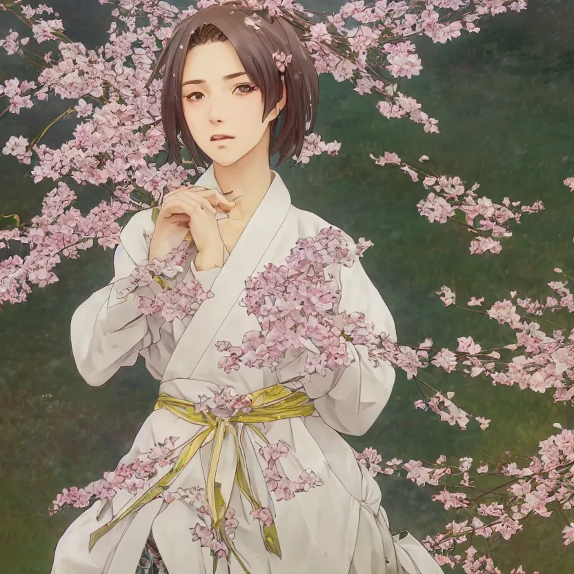 Image similar to portrait of a girl, sakura tree in background, yukata clothing, battlefield in background, anime style, short hair, hair down, symmetrical facial features, from arknights, hyper realistic, 4 k, extreme detail, detailed drawing, trending artstation, realistic lighting, by alphonse mucha, greg rutkowski, sharp focus, backlit