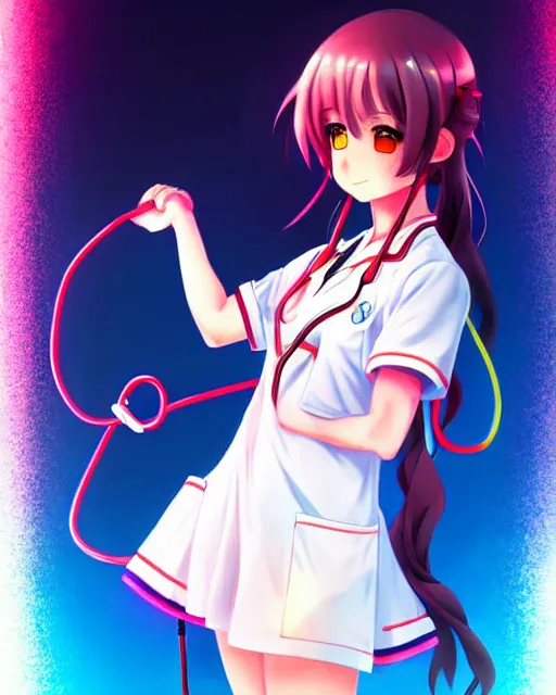 Prompt: anime style, vivid, expressive, full body, 4 k, painting, a cute magical girl with a long wavy hair wearing a nurse outfit, correct proportions, realistic light and shadow effects, neon lights, centered, simple background, studio ghibly makoto shinkai yuji yamaguchi