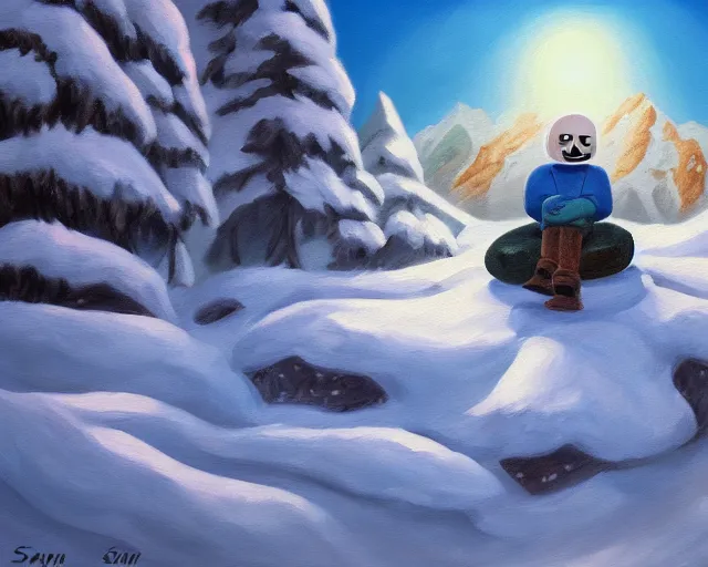 Image similar to oil painting of sans sitting in a mountain during winter