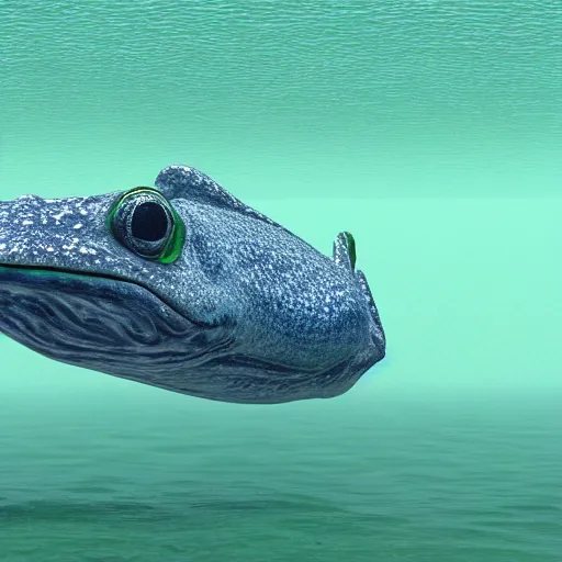 Image similar to hybrid of frog whale swimming in ocean, extremely detailed raytracing, vray, 5 5 mm