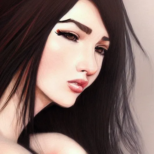 Image similar to a realistic illustration portrait of a beautiful cute girl with wavy black red hair, a pointy nose and, round chin black eyeliner, trending on artstation, intricate sift lighting, realistic