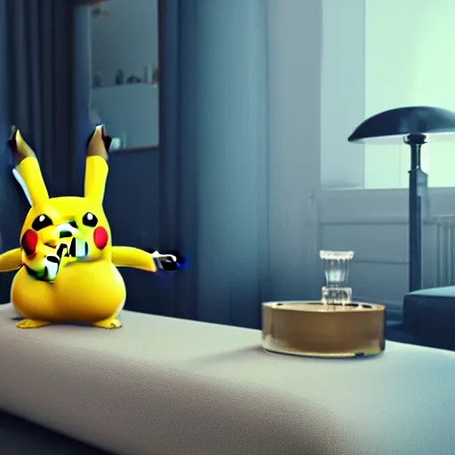 Image similar to Pikachu taking a bong rip on the couch, unreal engine 5, octane render, cgsociety, living room interior, soft lighting, ray tracing,