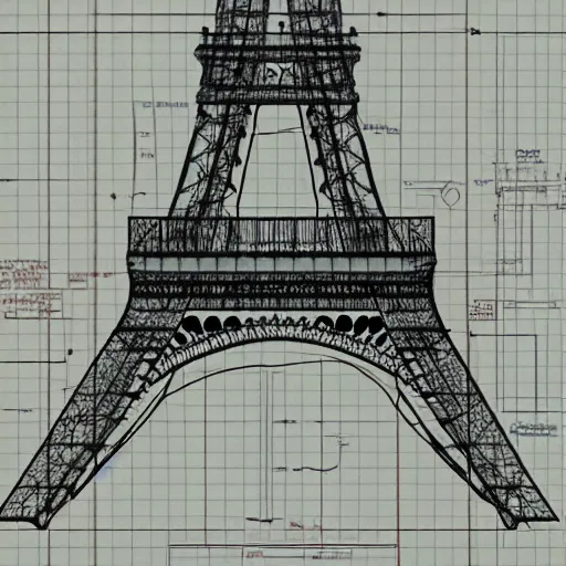 Prompt: rejected design sketches for the eiffel tower blueprint technical drawing