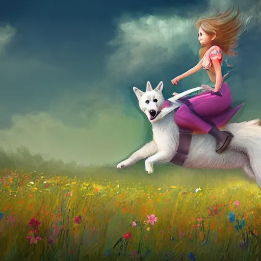 Image similar to girl riding a giant husky in a field of flowers, trending on artstation