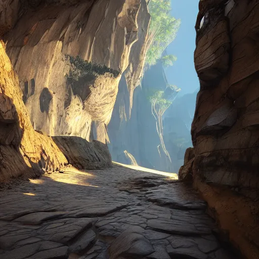 Image similar to pathway canyon in between mountains, unreal engine, high detail, realism, award winning, detailed lighting