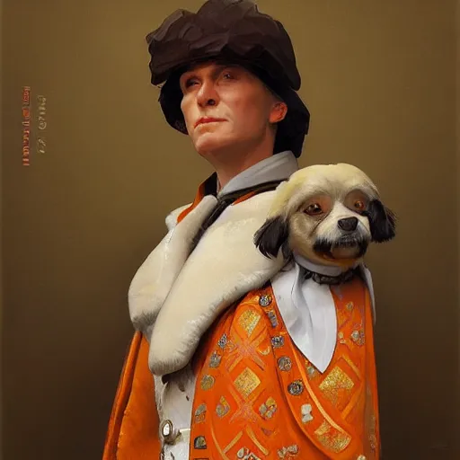 Image similar to oil painting portrait of white and orange anthropomorphized kooiker dog wearing royal clothes, highly detailed, digital painting, artstation, concept art, sharp focus, illustration, art by leyendecker and greg rutkowski and alphonse mucha