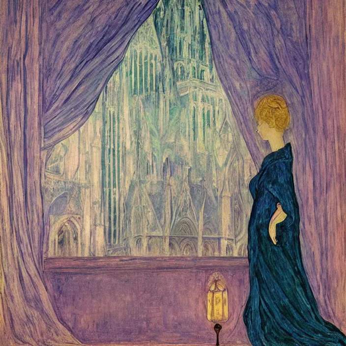 Image similar to woman in transparent vaporous night gown with demonic luminescent white apparition, with city with gothic cathedral seen from a window frame with curtains. night, vivid iridescent psychedelic colors, lamps. fra angelico, munch, egon schiele, henri de toulouse - lautrec, utamaro, monet, agnes pelton