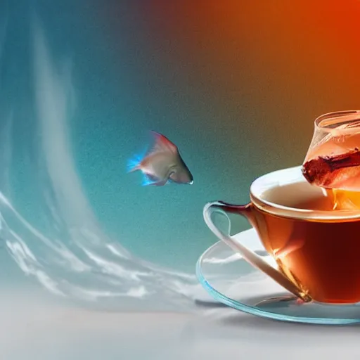 Image similar to photomanipulation of a supernatural fish drinking a cup of tea by a straw.