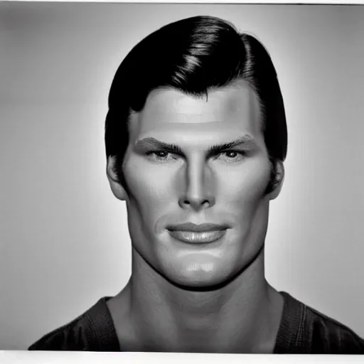 Image similar to Mugshot Portrait of Christopher Reeves, taken in the 1970s, photo taken on a 1970s polaroid camera, grainy, real life, hyperrealistic, ultra realistic, realistic, highly detailed, epic, HD quality, 8k resolution, body and headshot, film still, front facing, front view, headshot and bodyshot, detailed face, very detailed face