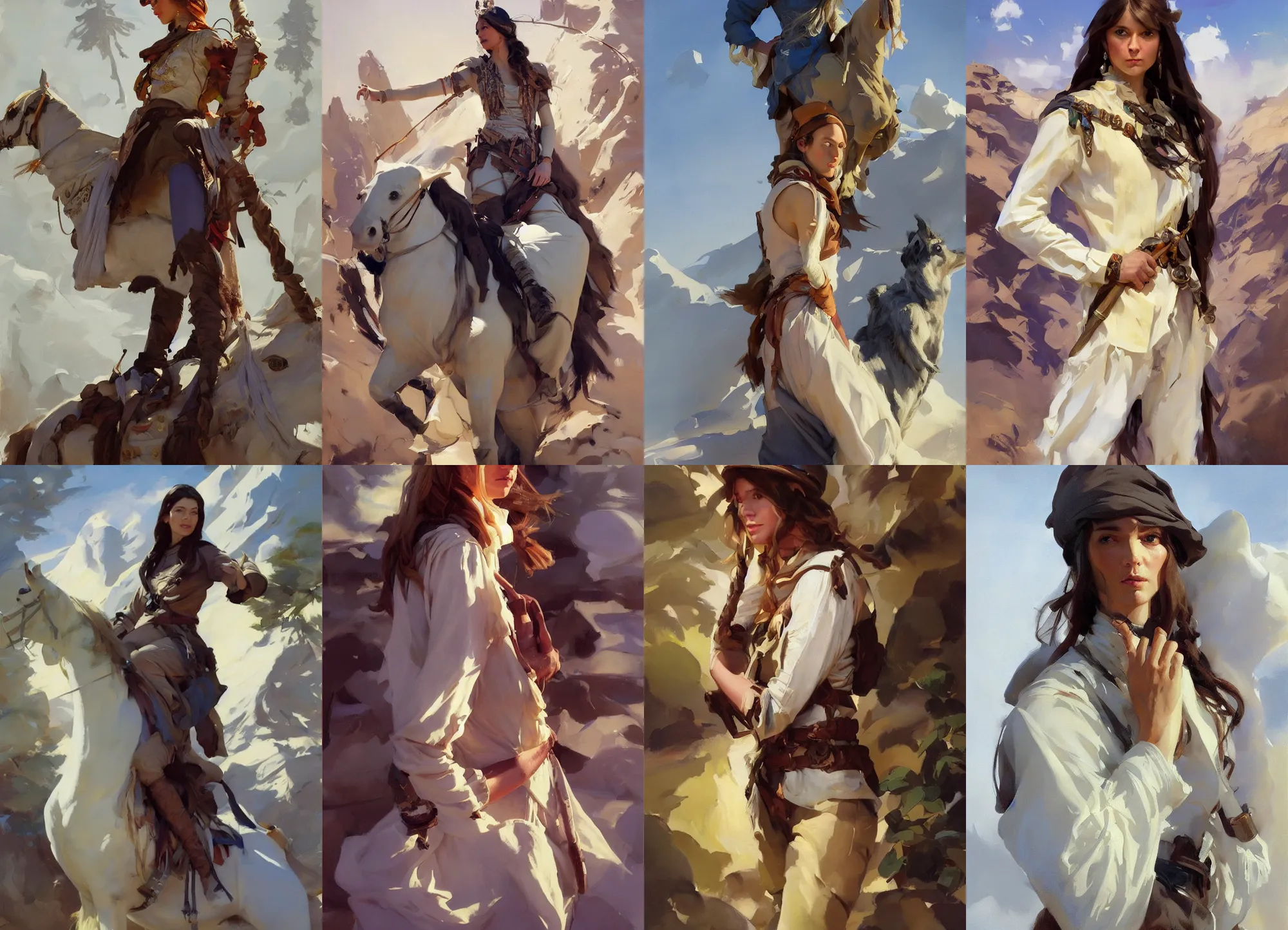 Image similar to in full growth portrait of hippie model girl jodhpurs hyperborea winter traveler treasure hunter greg manchess painting by sargent and leyendecker, fantasy, medium shot, asymmetrical, intricate, elegant, matte painting, illustration, hearthstone, by rhads, by greg rutkowski, by greg tocchini, by james gilleard, by joe fenton