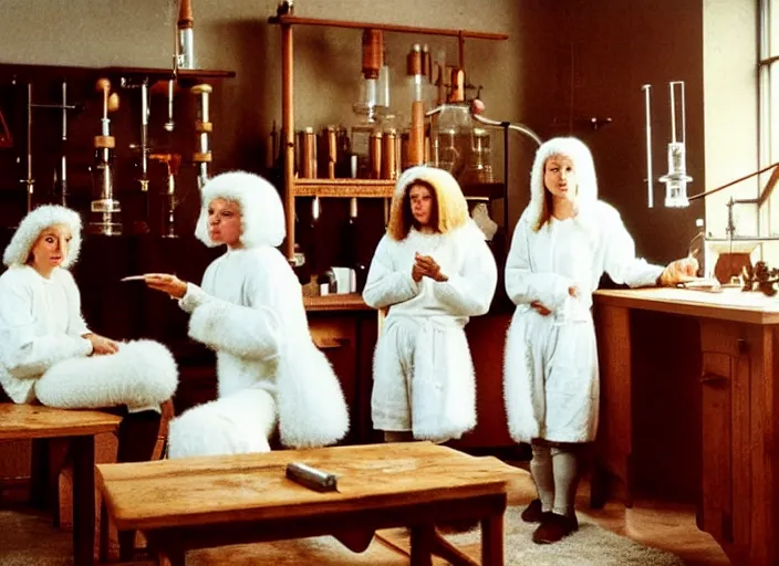 Image similar to realistic photo of a group of medieval female scientists wearing white shorts, watching at a levitating fluffy furry cloud, in a living room laboratory with many wooden gadgets made of wood interior is made of wood 1 9 9 0, life magazine reportage photo, natural colors