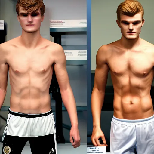 Image similar to a realistic detailed photo of a guy who is an attractive humanoid who is half robot and half humanoid, who is a male android, soccer players martin ødegaard & timo werner, shiny skin, posing like a statue, blank stare, in a lab, on display, showing off his muscles, gold soccer shorts, side view, repairing the other one