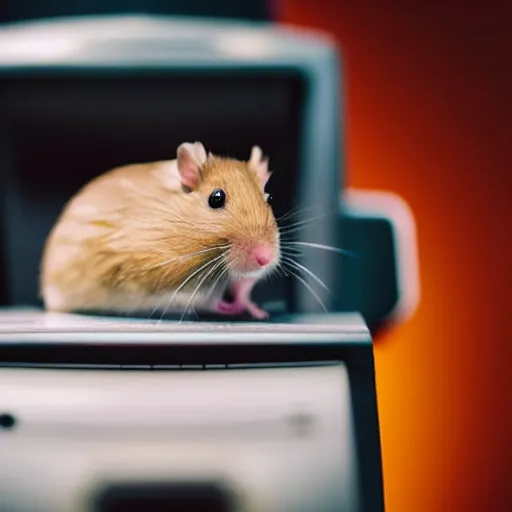 Image similar to photo of a hamster holding a credit card, on a contactless payment terminal, in a cinema, various poses, unedited, soft light, sharp focus, 8 k