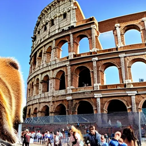 Prompt: a giant hamster around the Colosseum