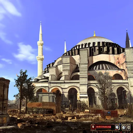 Image similar to the hagia sophia in istanbul in ruins post - nuclear war in fallout 4, in game screenshot