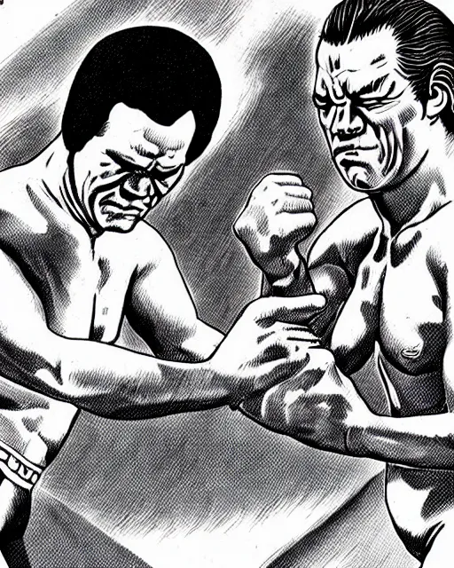 Image similar to incredible realistic antonio inoki vs ric flair, ( hyperreal detailed facial features and uv lighting, art by ed roth and basil wolverton )