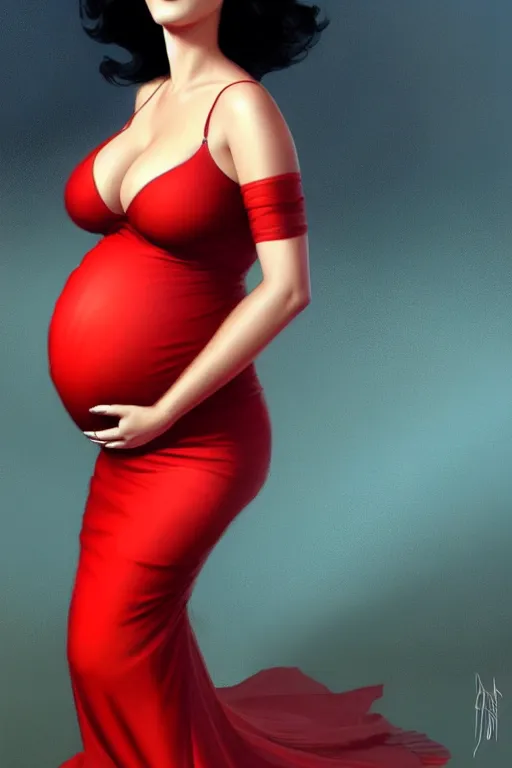 Image similar to pregnant katy perry in a red dress, realistic portrait, symmetrical, highly detailed, digital painting, artstation, concept art, smooth, sharp focus, illustration, cinematic lighting, art by artgerm and greg rutkowski and alphonse mucha