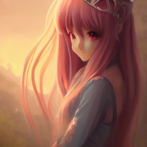 Image similar to Anime sad princess, evening, detailed painting, WLOP, Artstation