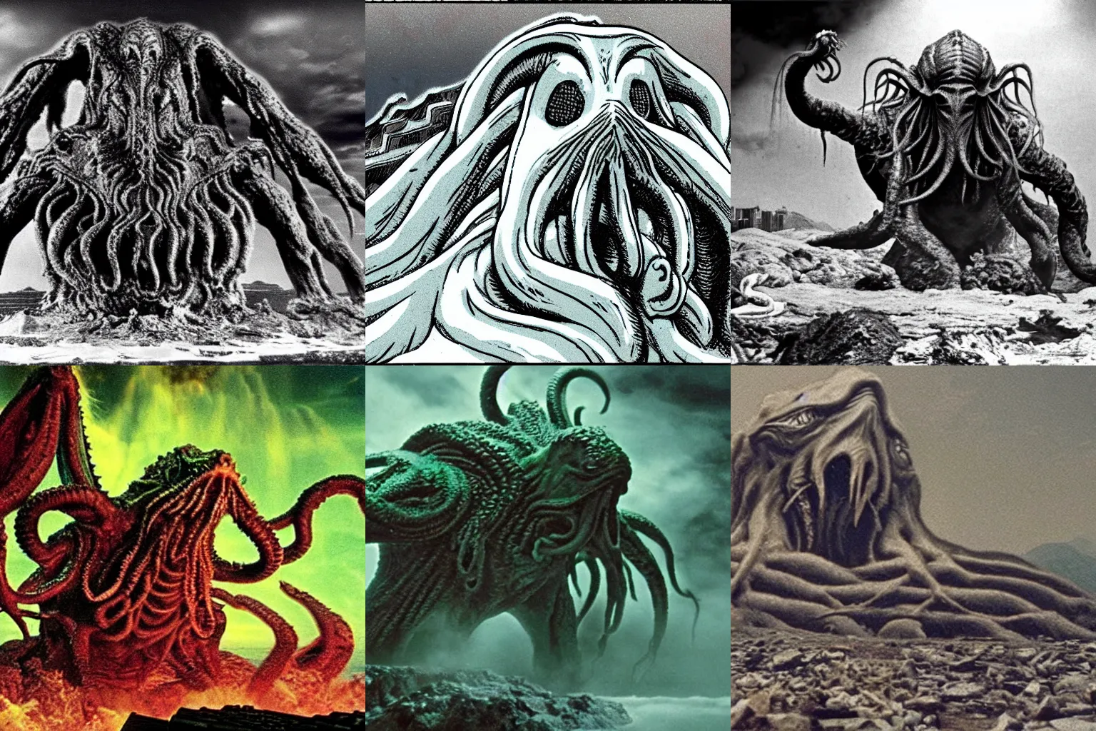 Prompt: Cthulhu emerging from the crust of the earth, filmed from New York City, massive kaiju, VHS camcorder footage