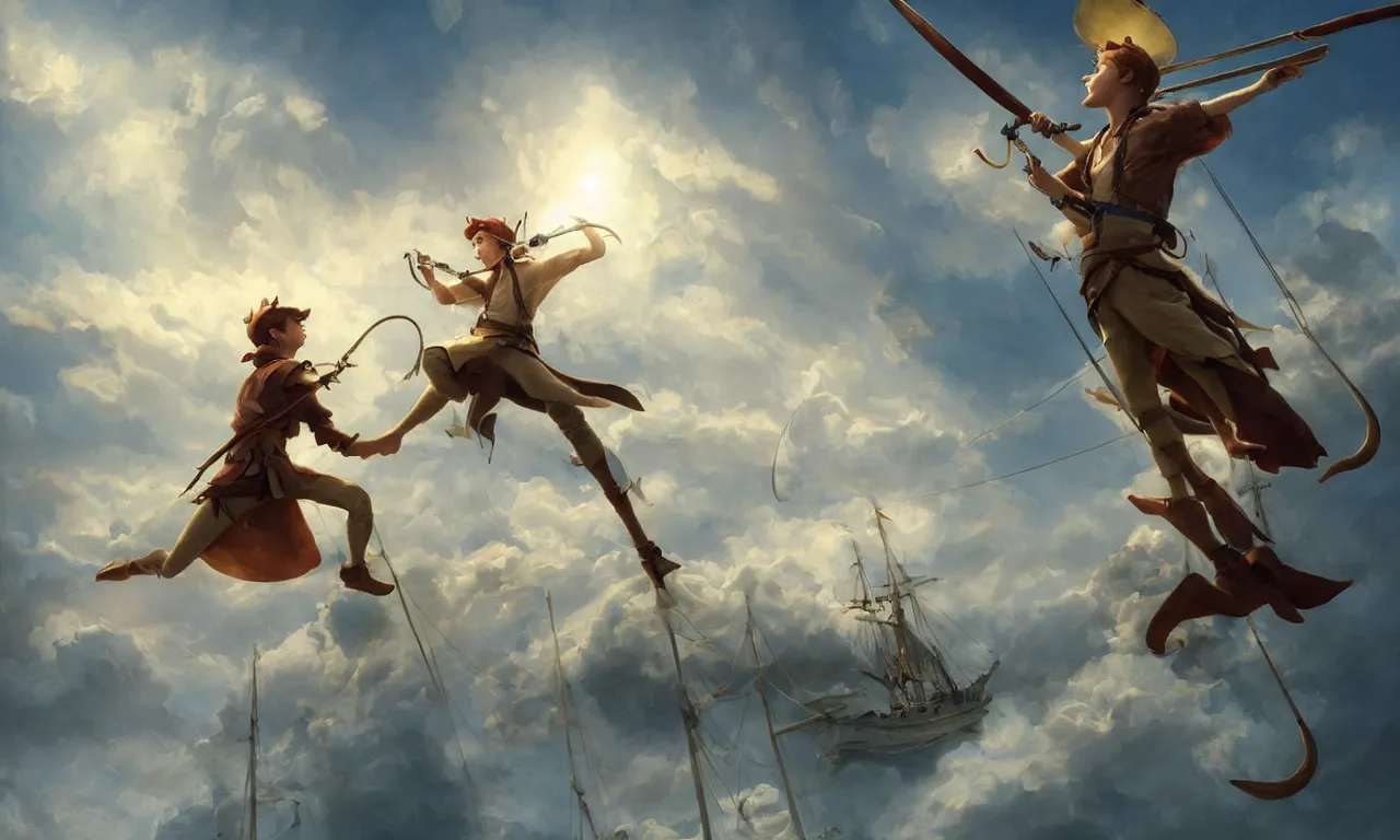 Prompt: a beautiful digital painting of peter pan sword fighting with hook, disney, a white caravel flying in the clouds, birds in the sunlight, numerous golden ropes and sails, blue sky at sunset, elegant, highly detailed, artstation, concept art, matte, sharp focus, art by tom bagshaw, kelogsloops and greg rutkowski