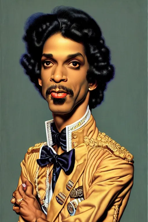 Image similar to prince rogers nelson portrait by gil elvgren and norman rockwell and rob gonsalves and hajime sorayama, hyperrealistic, high detail, ultra detailed, highly detailed face, ruffled fabric