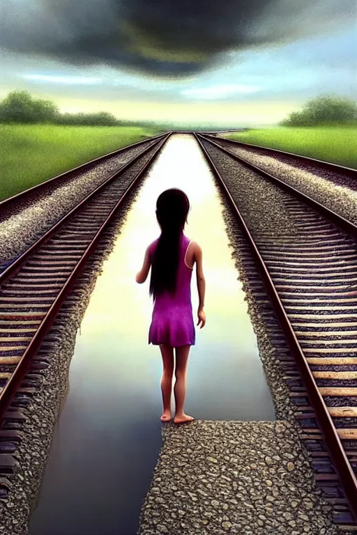 Prompt: a barefoot girl carries her shoes on a wide pool of reflective water and faintly visible submerged train tracks, water covers everything, large white clouds on a wide horizon, intricate, elegant, highly detailed, digital photo, artstation, concept art, smooth, sharp focus, low angle photo, art by artgerm and greg rutkowski and fra angelico