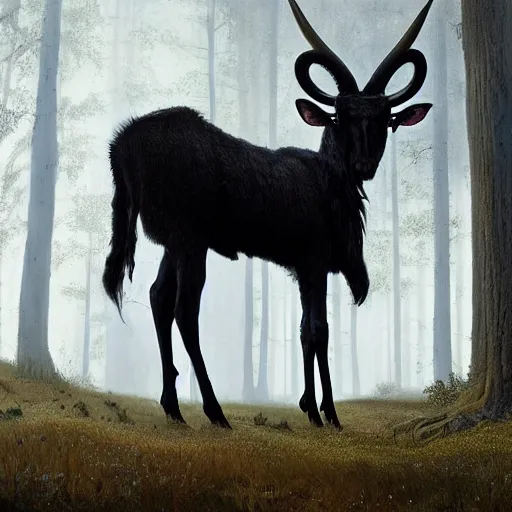 Image similar to thomas kincaid painting of black phillip, long horns, 1 0 legs. from the movie the witch. dynamic lighting, masterpiece painting, octane render, cinematic trending