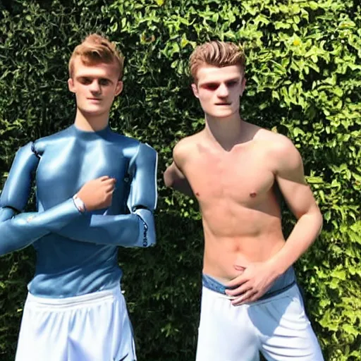 Image similar to a realistic detailed photo of a guy who is an attractive humanoid who is half robot and half humanoid, who is a male android, soccer players martin ødegaard & timo werner, shiny skin, posing like a statue, blank stare, by the pool, on display, showing off his muscles