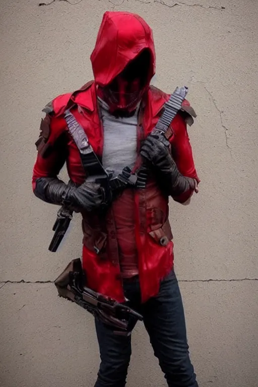 Image similar to red hood cosplay, creepy, disturbing, bloody