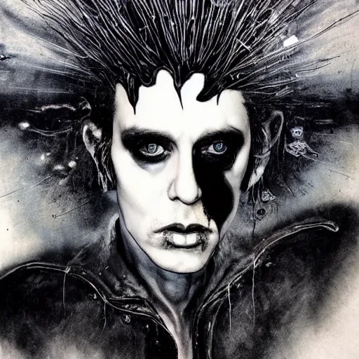 Image similar to stunning portrait of gaunt blixa bargeld a ( the cure fan ) as dream from sandman, dim stars as eyes, by jeremy mann, by cedric peyravernay, by by russ mills, by richard avedon and ben templesmith, dramatic lightning, sadness, dark eye sockets, in the shadows, punk rock, gothic, high detailed, 8 k