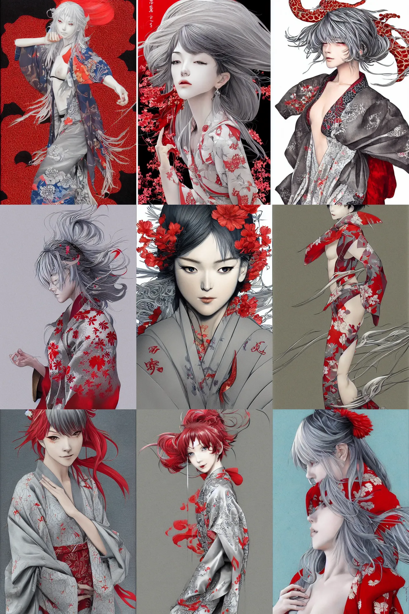 Prompt: girl, silver hair, kimono with red koi patterns, trending on artstation, detailed, pose, body shot, ilustration by Takehiko Inoue and Yoann Lossel