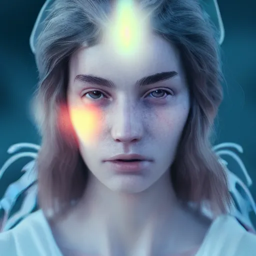 Image similar to portrait art of female angel by alessio albi 8 k ultra realistic, angel wings, lens flare, atmosphere, glow, detailed, intricate, full of colour, cinematic lighting, trending on artstation, 4 k, hyperrealistic, focused, extreme details, unreal engine 5, cinematic, masterpiece