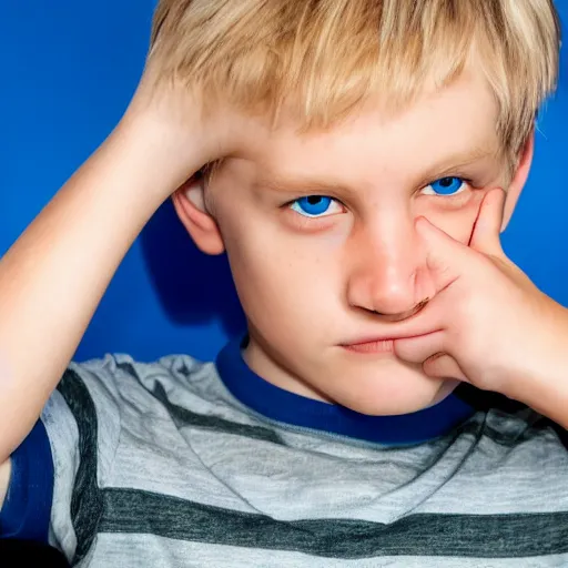 Image similar to portrait of a boy with his hand on his face, extremely realistic and real, photorealistic, blonde hair and blue eyes, detailed facial structure, real eyes that are detailed, real hands