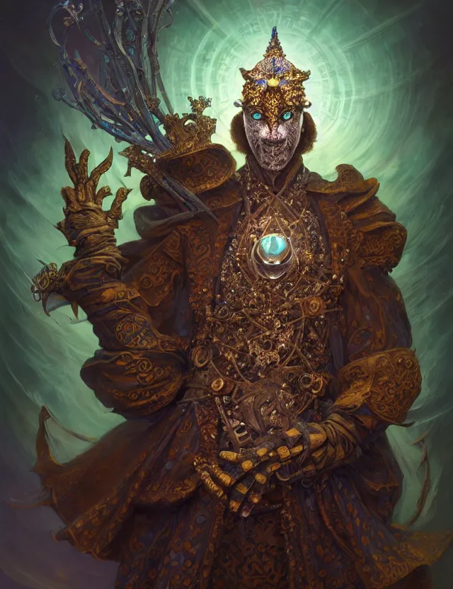 Image similar to front shot of a court jester character, hyperdimensional, bioluminescent hypercubes, ((intricate)), elegant, highly detailed, centered, (((artstation, concept art, smooth, sharp focus, artgerm, Tomasz Alen Kopera, Peter Mohrbacher, donato giancola, Joseph Christian Leyendecker, WLOP, Boris Vallejo))), mugshot!!!!!, ugly!!!!!!, octane render, nvidia raytracing demo, grainy, muted, 8K, digitalblasphemy