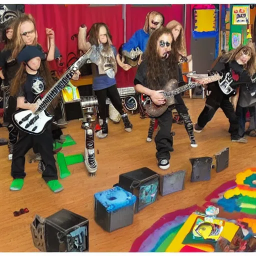 Image similar to of an heavy metal band playing in a kindergarten, highly detailed, realistic