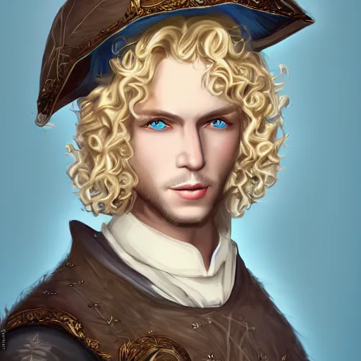 Prompt: portrait, 27 years old man, blue eyes, blond curls, charming, handsome :: rich expensive medieval clothes :: high detail, digital art, fantasy, RPG, concept art, illustration