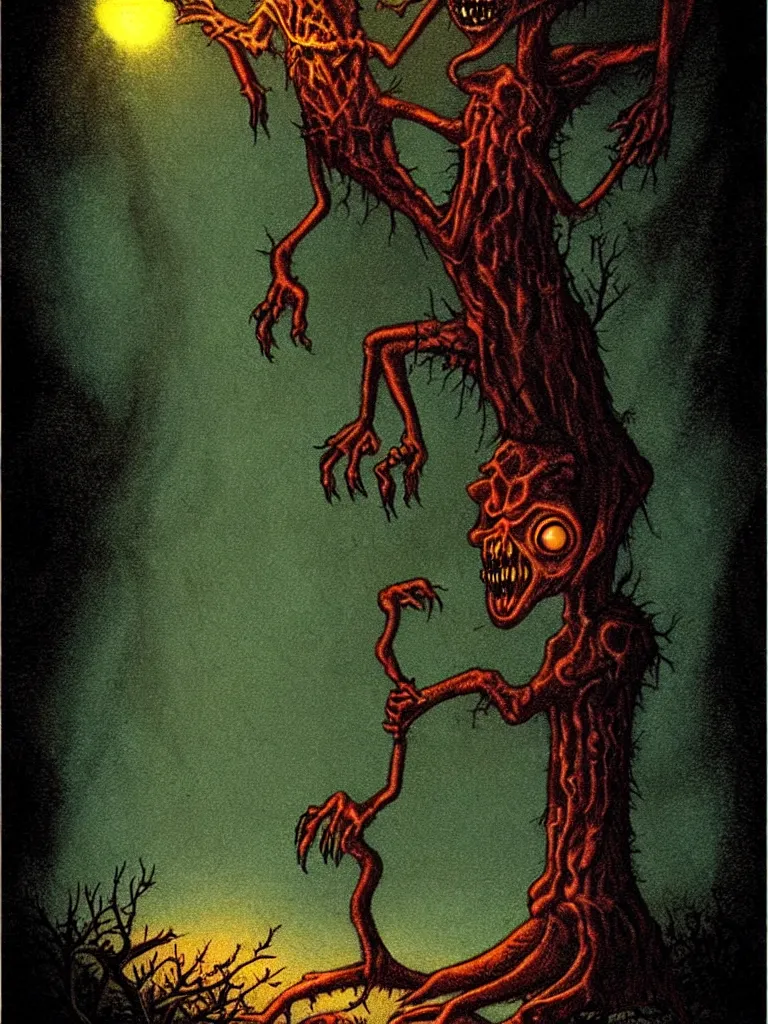 Image similar to Full Color Vintage Horror Illustration of a Creature Coming out of the bushes at night. Streetlight Glowing , Spooky lighting , Pinterest