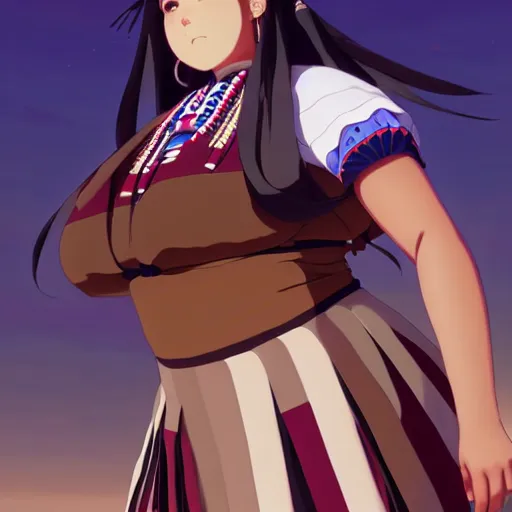 Image similar to a beautiful! plus sized native women instagram model, brown skin, wearing elegant catholic school girl designer fashion with mayan pattern and native style, aztec street fashion, gapmoe yandere grimdark, trending on pixiv fanbox, painted by greg rutkowski makoto shinkai takashi takeuchi studio ghibli, akihiko yoshida