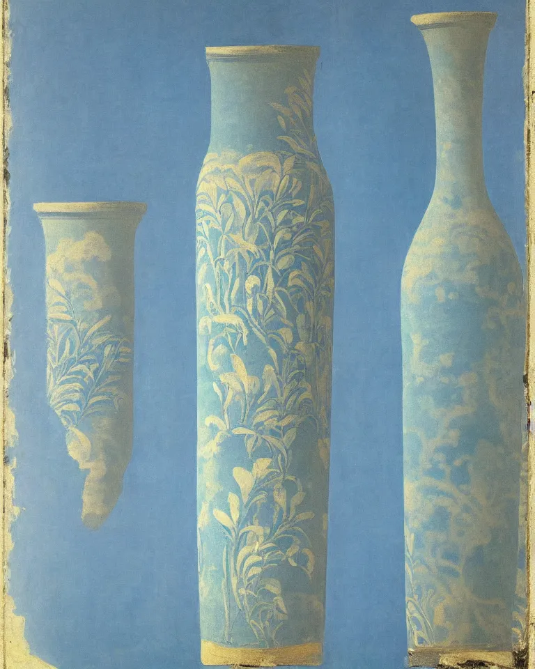 Prompt: achingly beautiful print of intricately painted ancient greek lekythos on a baby blue background by rene magritte, monet, and turner.