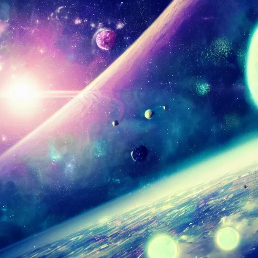 Image similar to anime style hd wallpaper of outer space horizon of a planet, glittering stars scattered about, lavender and pink colors