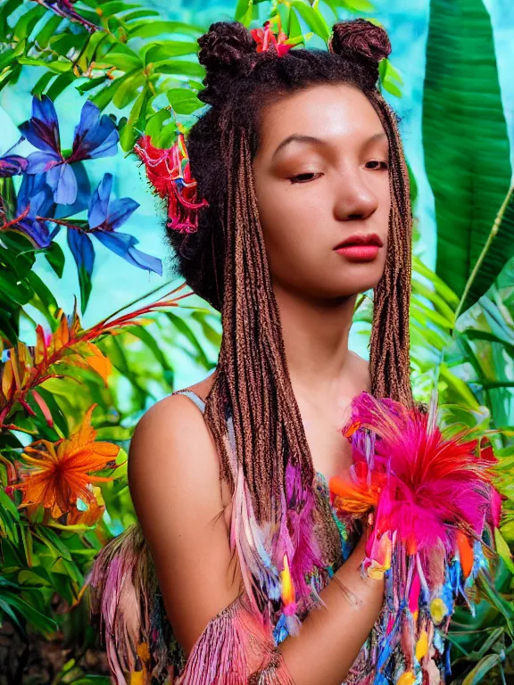 Prompt: beautiful portrait of a Subtropics minority female wearing fantastic Hand-dyed cotton dress, embellished beaded and feather decorative fringe knots ,colorful pigtail,among subtropical flowers and plants,symmetrical face,intricate, cute, playful,elegant, highly detailed, dim volumetric lighting, 8k,post-processing,digital painting, trending on artstation, concept art, sharp focus, illustration,by Steve McCurry and Tom Bagshaw and Daniel Gerhartz and Albert Aublet and Lawrence Alma-Tadema