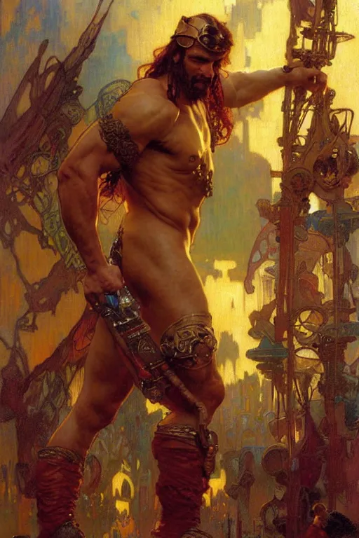 Image similar to hercules, cyberpunk, painting by gaston bussiere, craig mullins, greg rutkowski, alphonse mucha