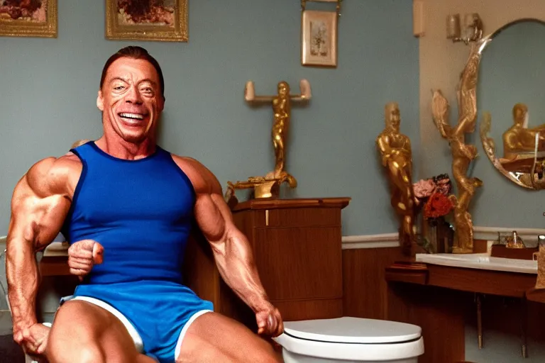 Image similar to hyperrealistic Jean Claude Vandamme doing the splits, spread eagle between two chairs over a toilet, golden hour, smiling, award winning