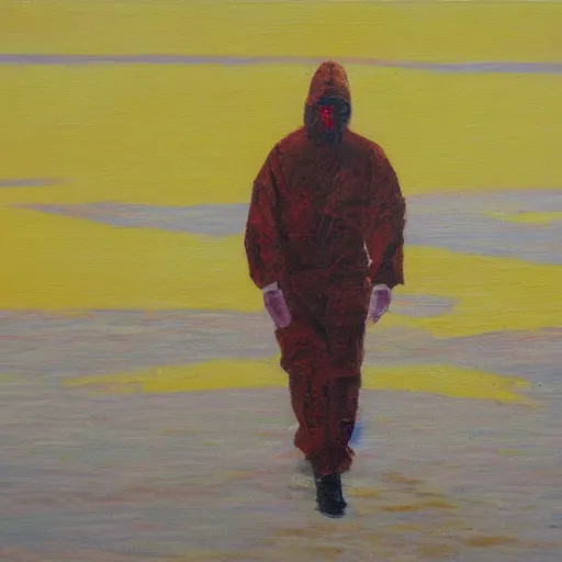 Image similar to a man in a yellow hazmat walking on an abandoned beach, oil painting