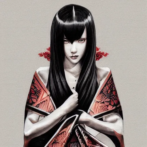 Image similar to tattoo design, stencil, beautiful young female, long dark hair, symmetrical facial features, Japanese, partially clothed in robe, by William-Adolphe Bouguerea and artgerm